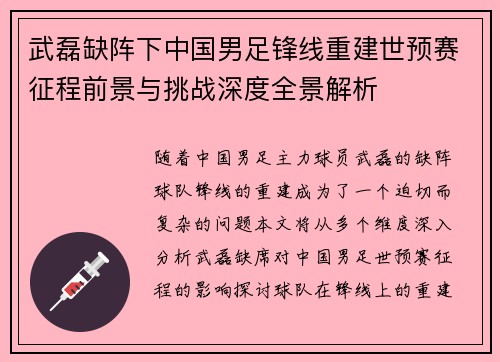 武磊缺阵下中国男足锋线重建世预赛征程前景与挑战深度全景解析