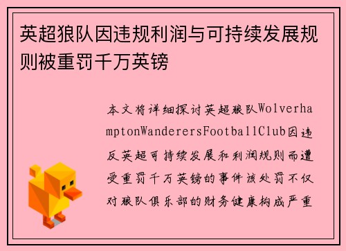 英超狼队因违规利润与可持续发展规则被重罚千万英镑